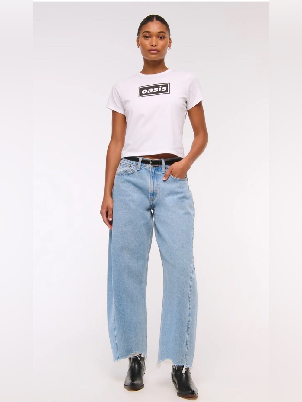 Abercrombie Curve Love mid rise raw hem Barrel jean